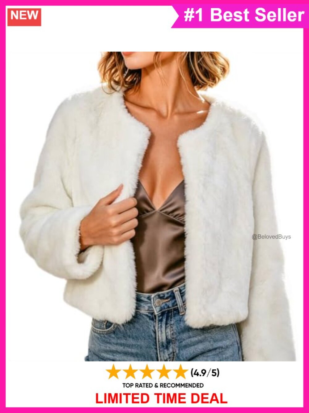 Faux Fur Cropped Shaggy Coat Hook Closure Slim Fit Women's